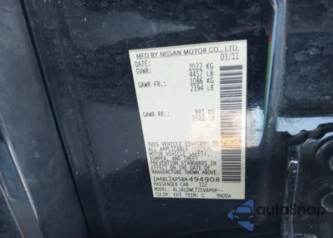 2011 Nissan Altima 3.5 Sr from USA, damaged, VIN 1N4BL2AP5BN494908